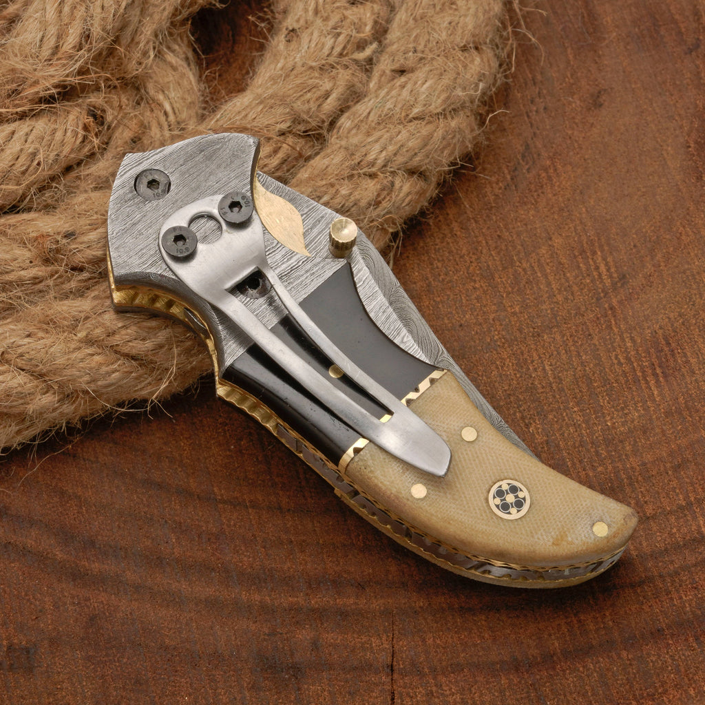 EDC Hand Forged Damascus Pocket Knife-Camping Folding knife | Pocket Clip knife with Micarta Handle