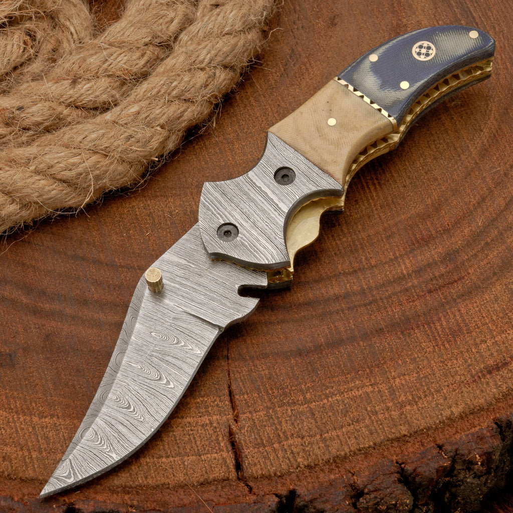 Handmade Damascus Steel Pocket Knife - Camping Folding Knife with Pocket Clip & Micarta Handle