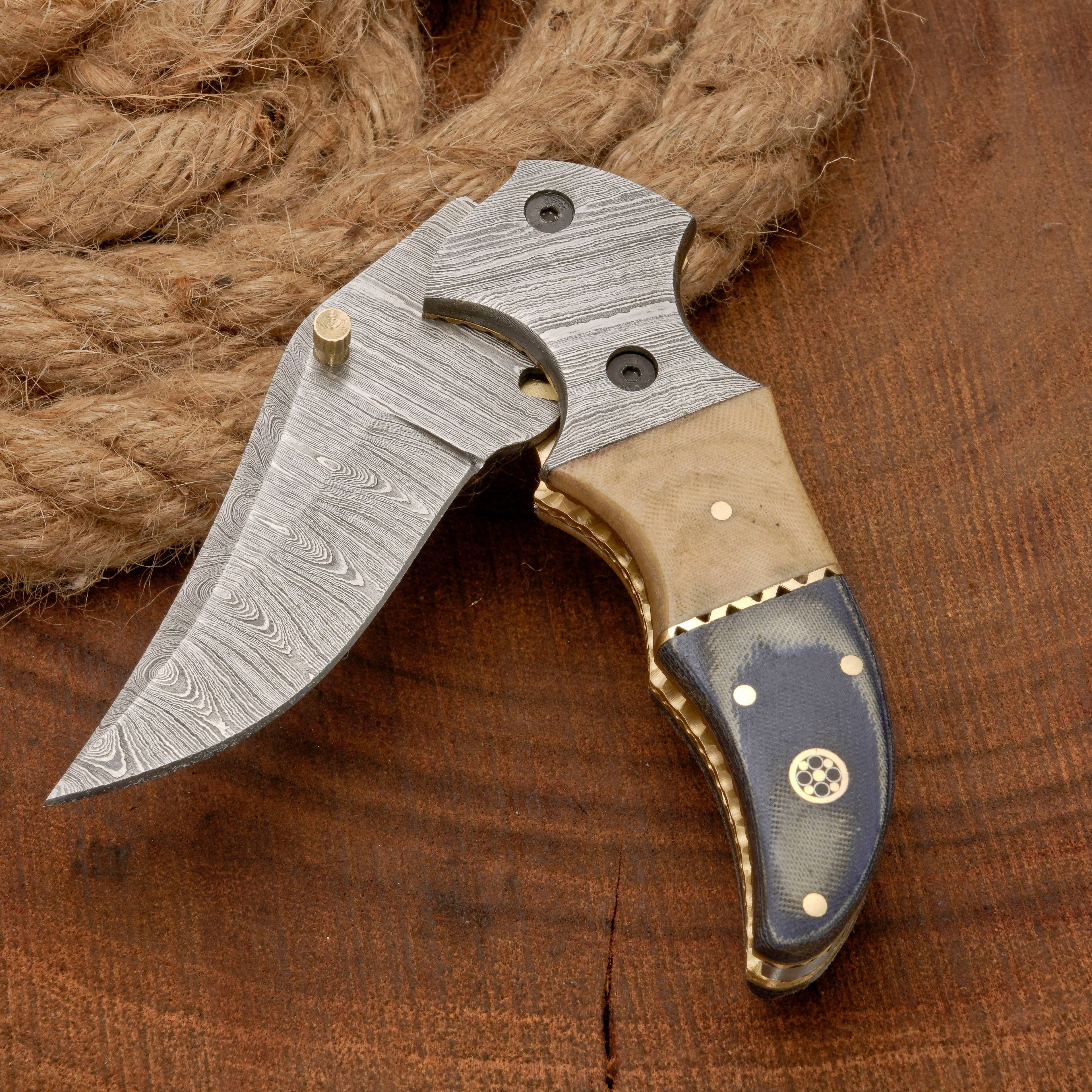 Handmade Damascus Steel Pocket Knife - Camping Folding Knife with Pocket Clip & Micarta Handle