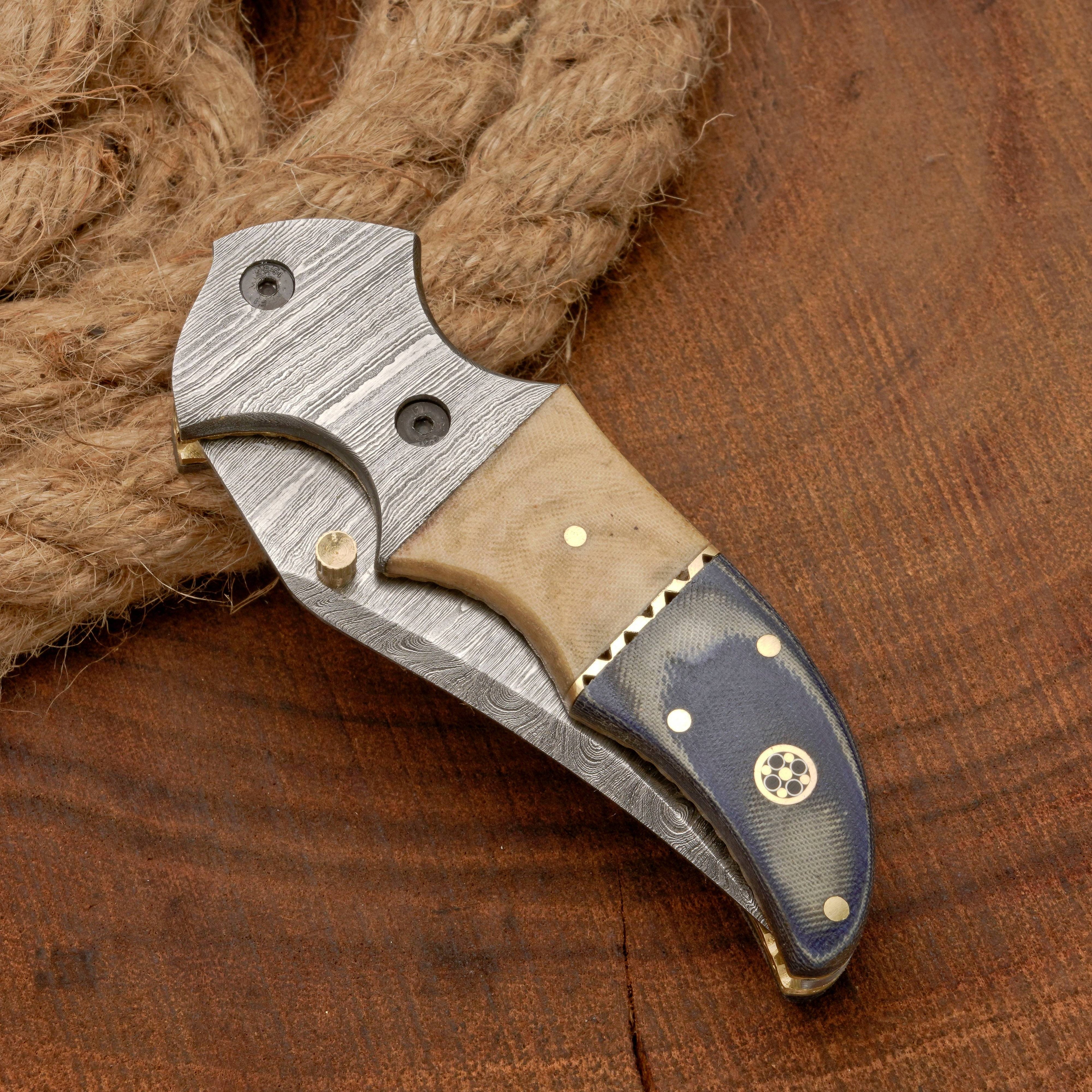 Handmade Damascus Steel Pocket Knife - Camping Folding Knife with Pocket Clip & Micarta Handle