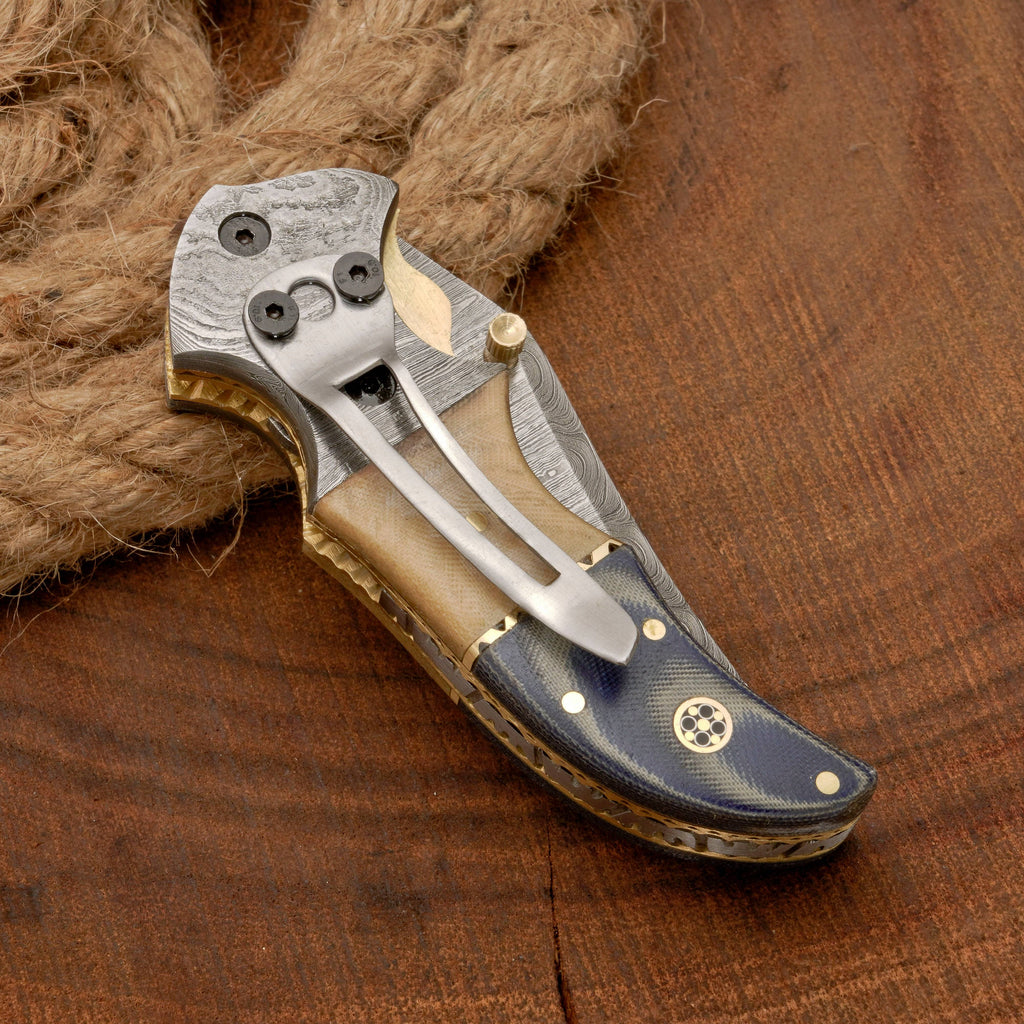 Handmade Damascus Steel Pocket Knife - Camping Folding Knife with Pocket Clip & Micarta Handle