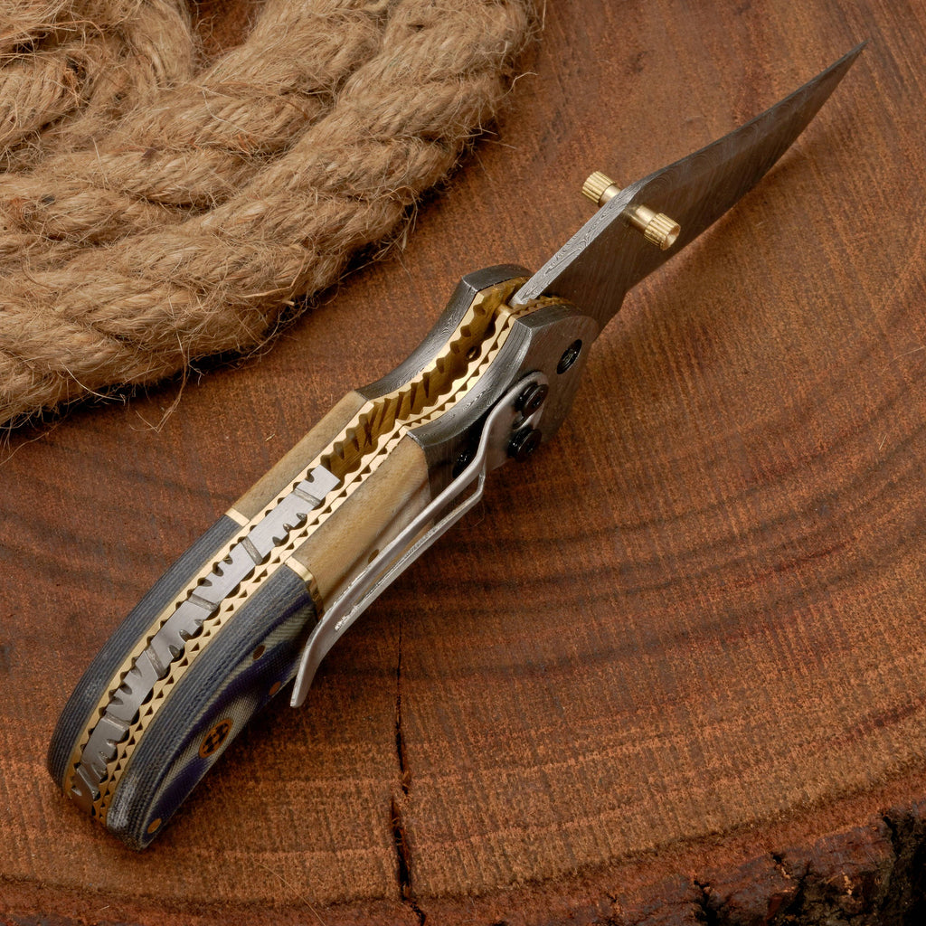 Handmade Damascus Steel Pocket Knife - Camping Folding Knife with Pocket Clip & Micarta Handle