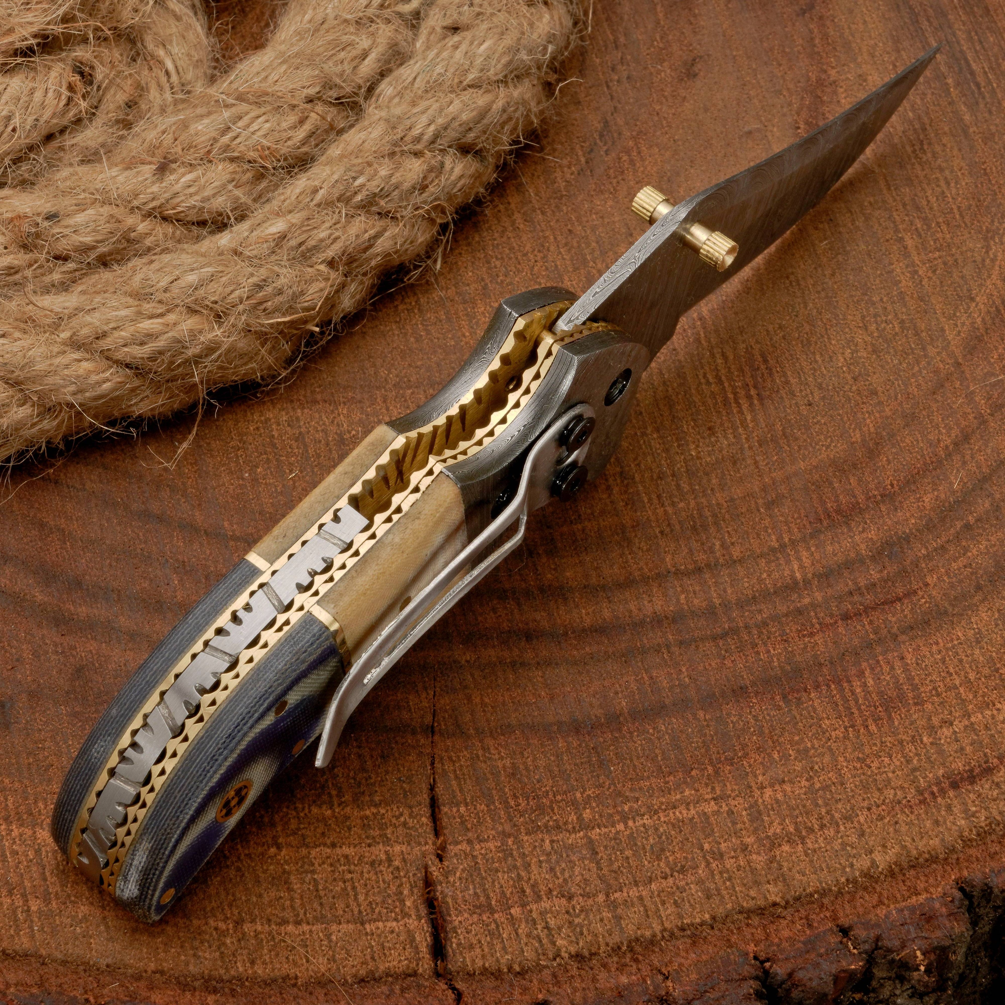 Handmade Damascus Steel Pocket Knife - Camping Folding Knife with Pocket Clip & Micarta Handle