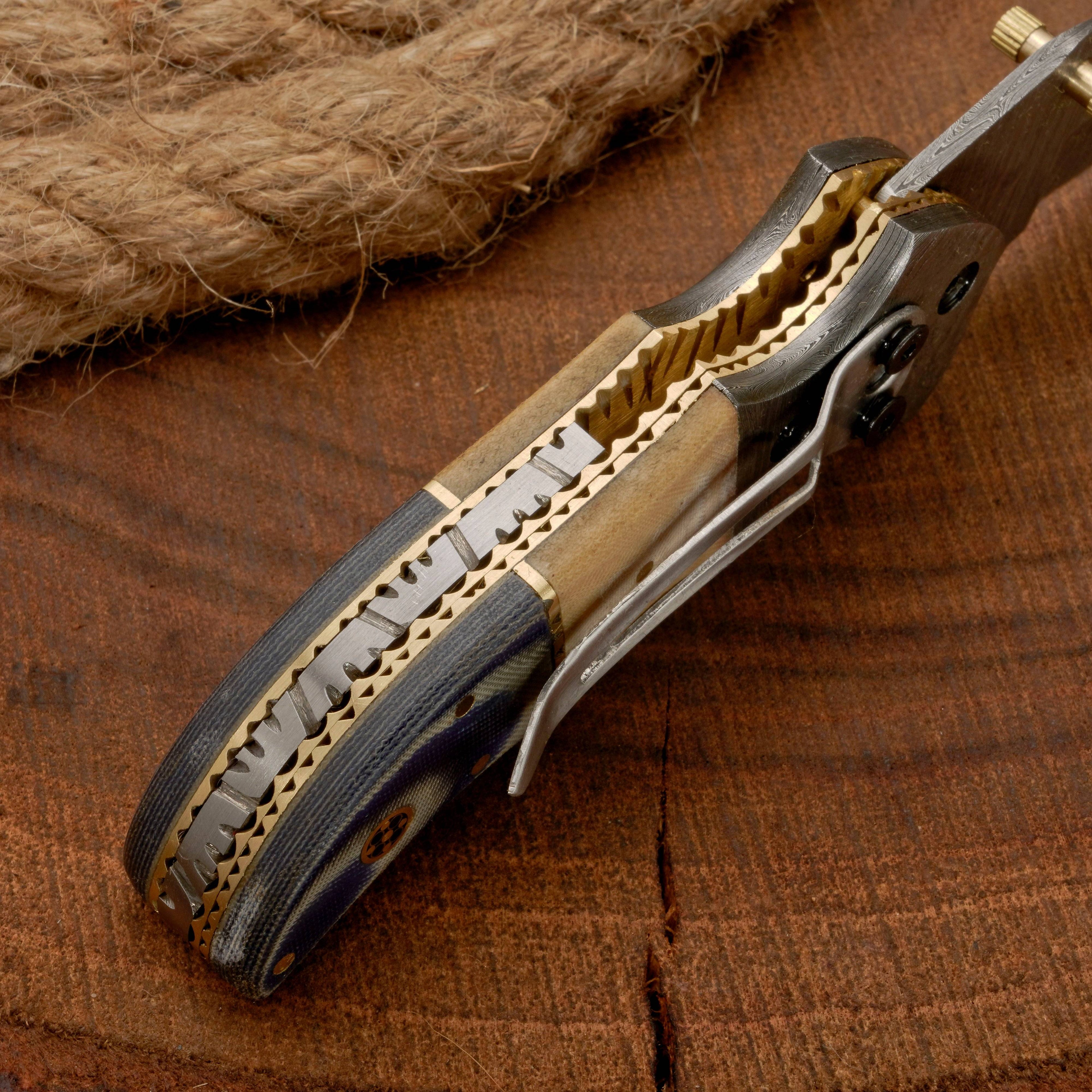 Handmade Damascus Steel Pocket Knife - Camping Folding Knife with Pocket Clip & Micarta Handle