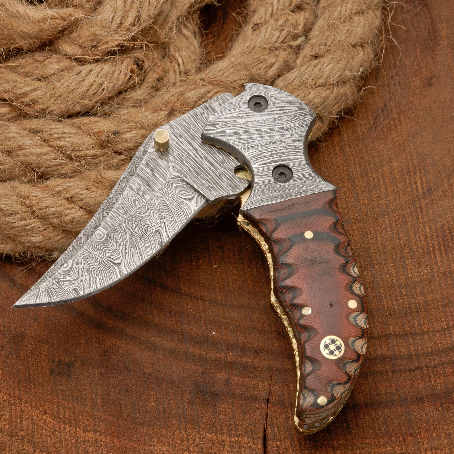 Handmade Forged Damascus Pocket Knife with Pocket Clip & Micarta Handle