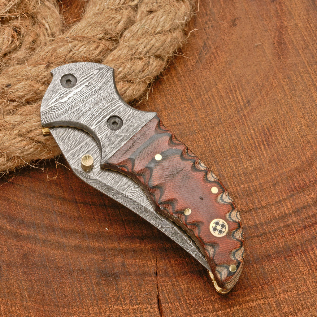 Handmade Forged Damascus Pocket Knife with Pocket Clip & Micarta Handle