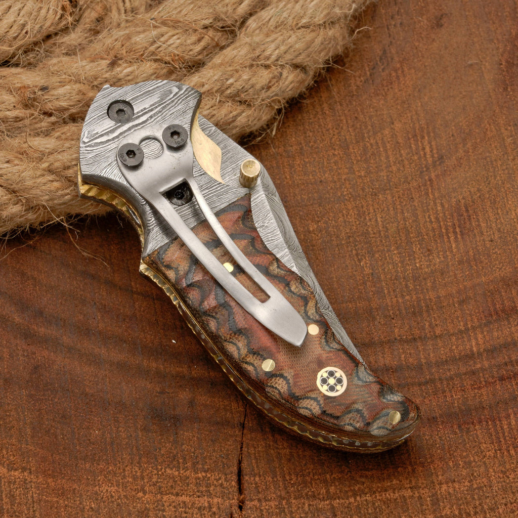 Handmade Forged Damascus Pocket Knife with Pocket Clip & Micarta Handle