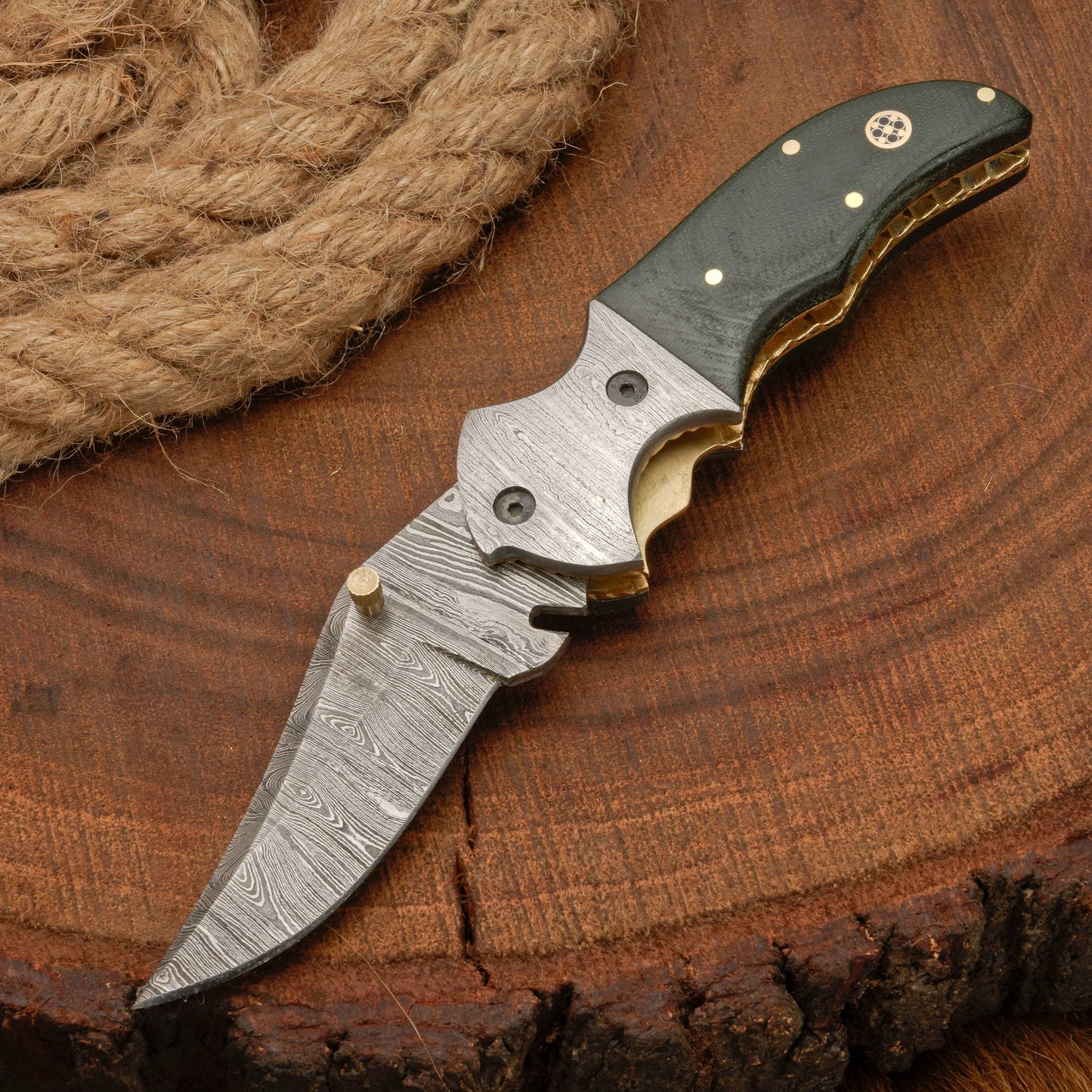 7" Handmade Forged Damascus Pocket Folding Knife with Pocket Clip - Green Micarta Wood Handle