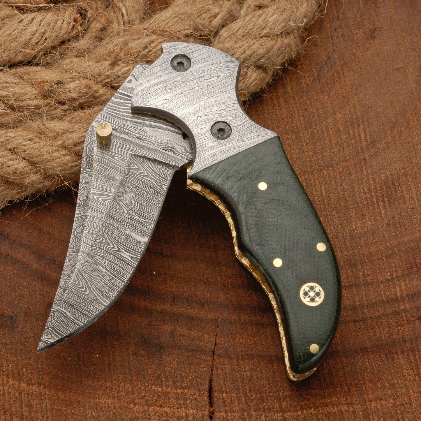 7" Handmade Forged Damascus Pocket Folding Knife with Pocket Clip - Green Micarta Wood Handle