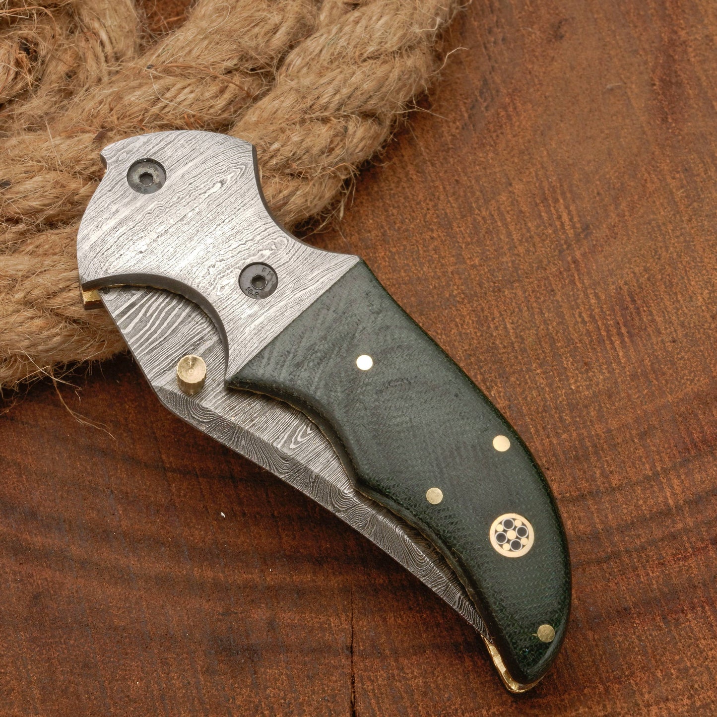 7" Handmade Forged Damascus Pocket Folding Knife with Pocket Clip - Green Micarta Wood Handle