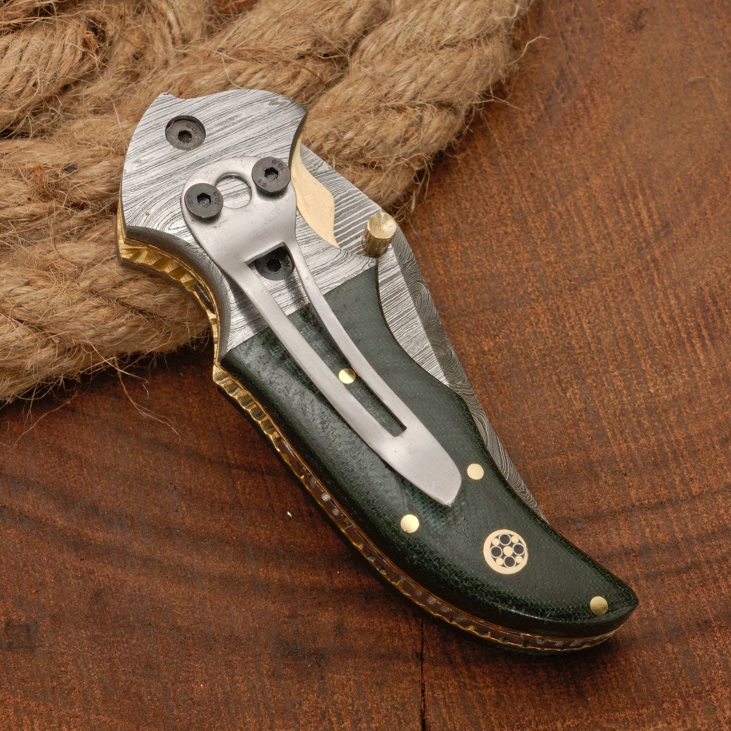 7" Handmade Forged Damascus Pocket Folding Knife with Pocket Clip - Green Micarta Wood Handle