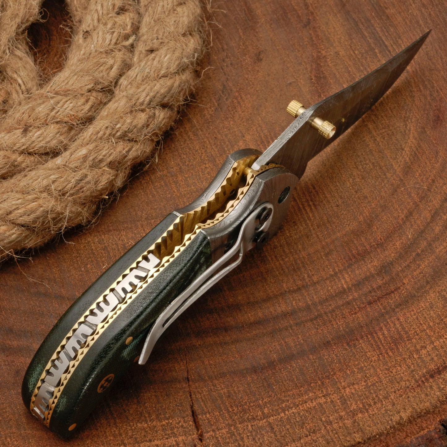 7" Handmade Forged Damascus Pocket Folding Knife with Pocket Clip - Green Micarta Wood Handle