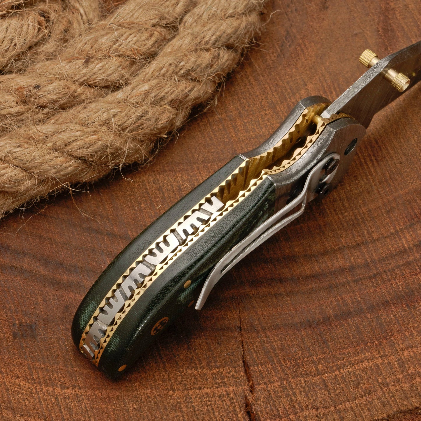 7" Handmade Forged Damascus Pocket Folding Knife with Pocket Clip - Green Micarta Wood Handle