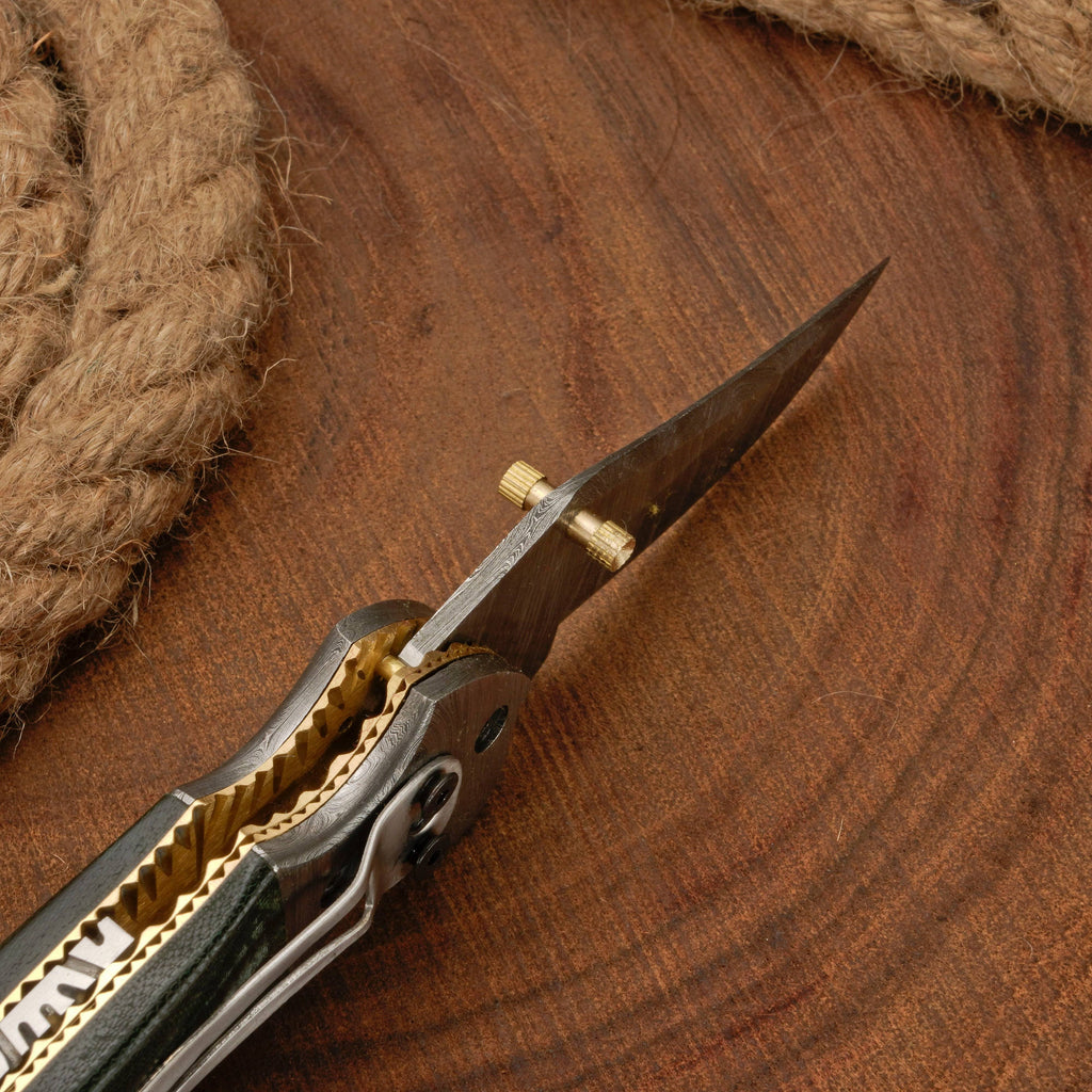 7" Handmade Forged Damascus Pocket Folding Knife with Pocket Clip - Green Micarta Wood Handle