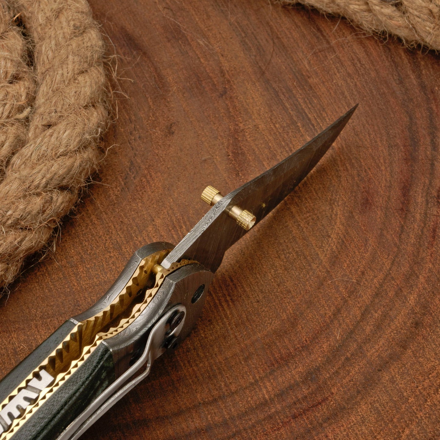 7" Handmade Forged Damascus Pocket Folding Knife with Pocket Clip - Green Micarta Wood Handle