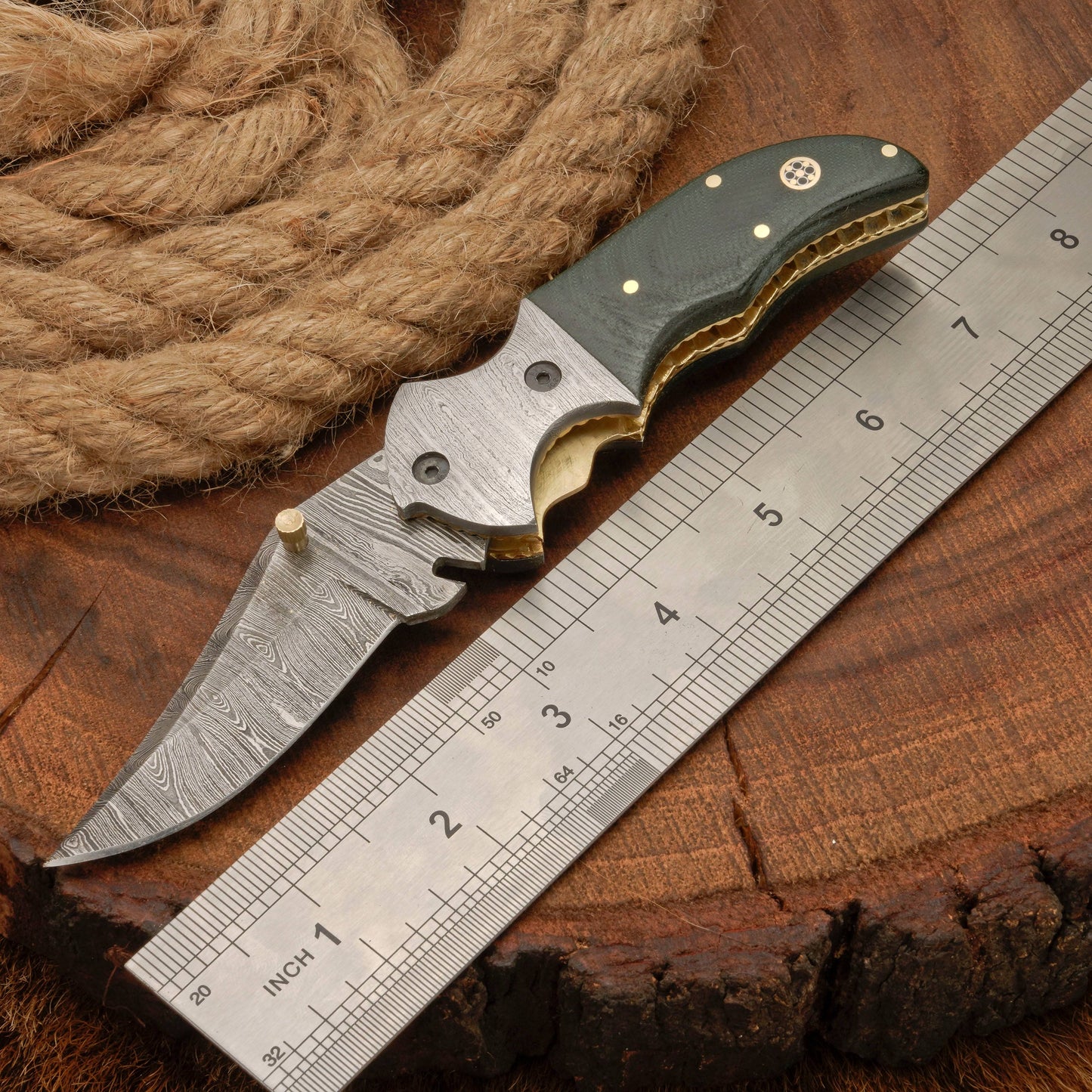 7" Handmade Forged Damascus Pocket Folding Knife with Pocket Clip - Green Micarta Wood Handle