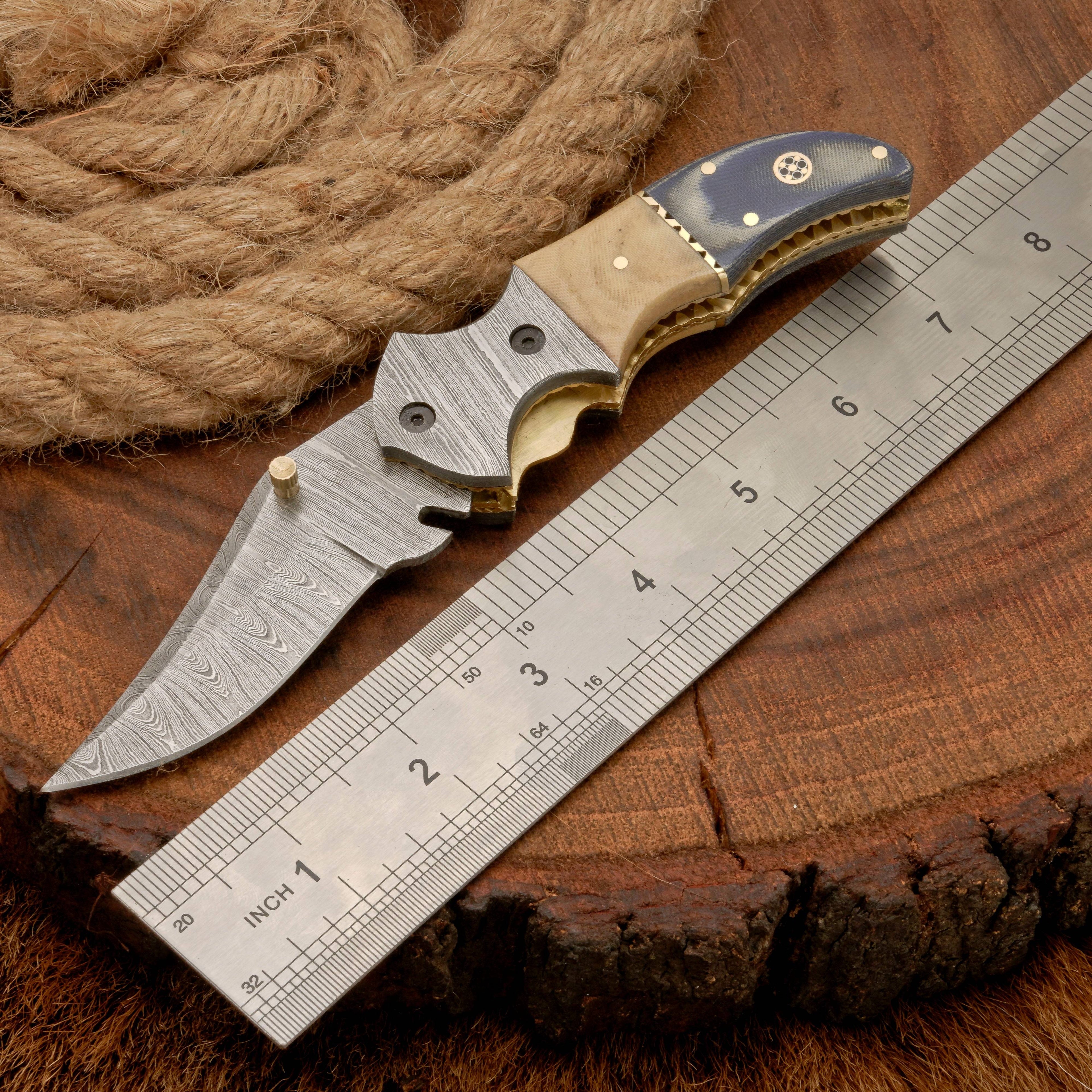 Handmade Damascus Steel Pocket Knife - Camping Folding Knife with Pocket Clip & Micarta Handle
