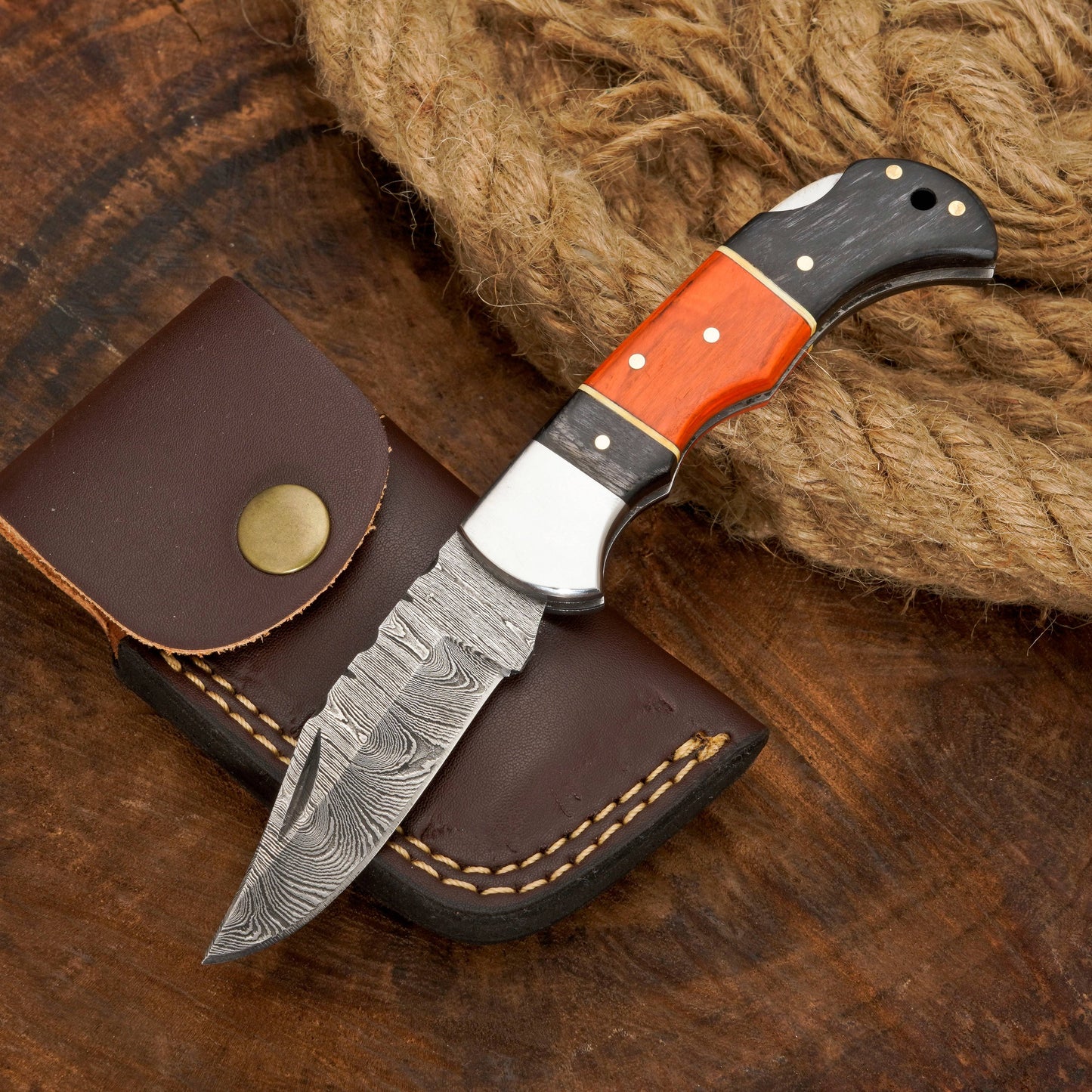 Handmade Damascus Pocket Knife with Clip - Camping Folding Blade W/ Pakka Wood Handle