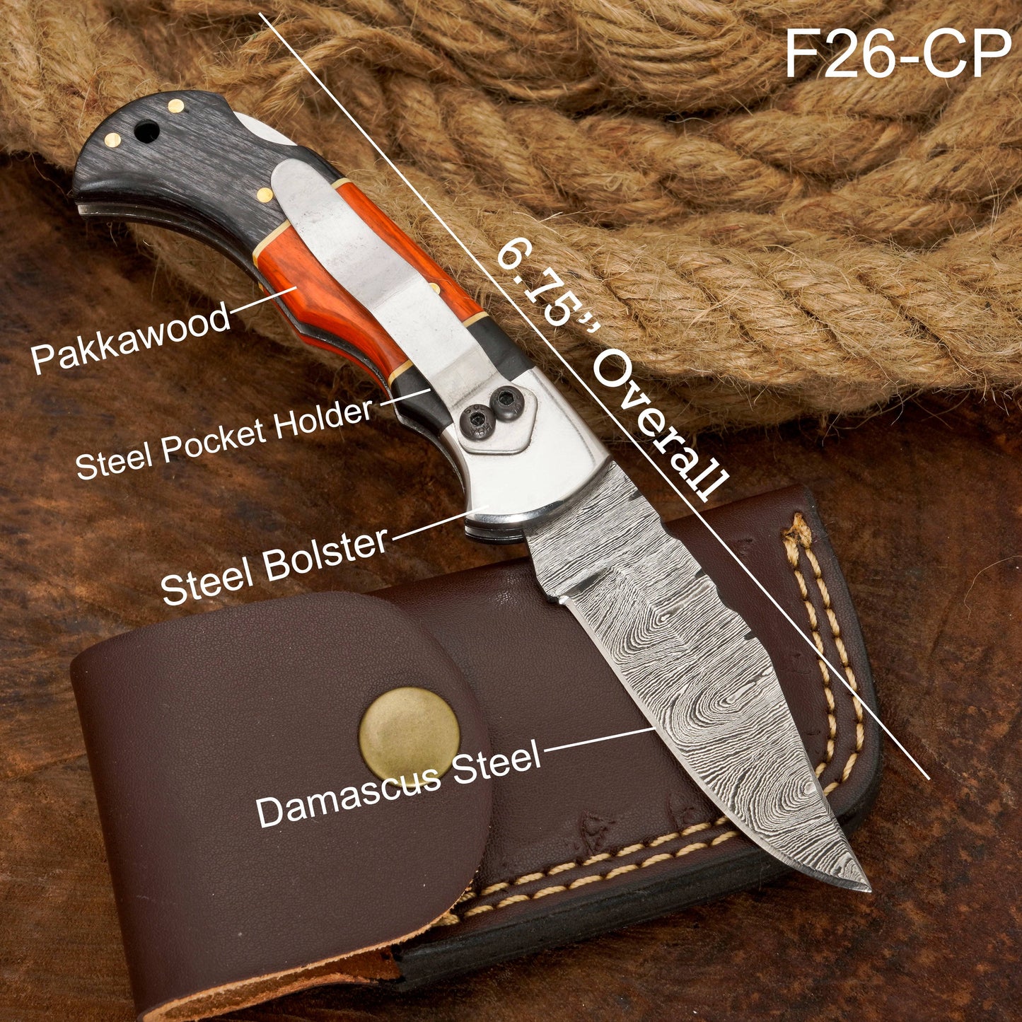 Handmade Damascus Pocket Knife with Clip - Camping Folding Blade W/ Pakka Wood Handle
