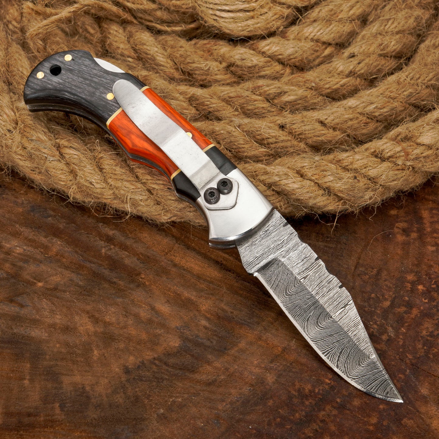 Handmade Damascus Pocket Knife with Clip - Camping Folding Blade W/ Pakka Wood Handle