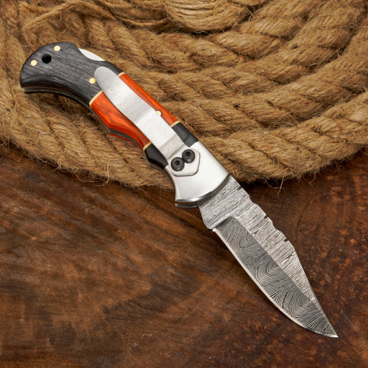 Handmade Damascus Pocket Knife with Clip - Camping Folding Blade W/ Pakka Wood Handle