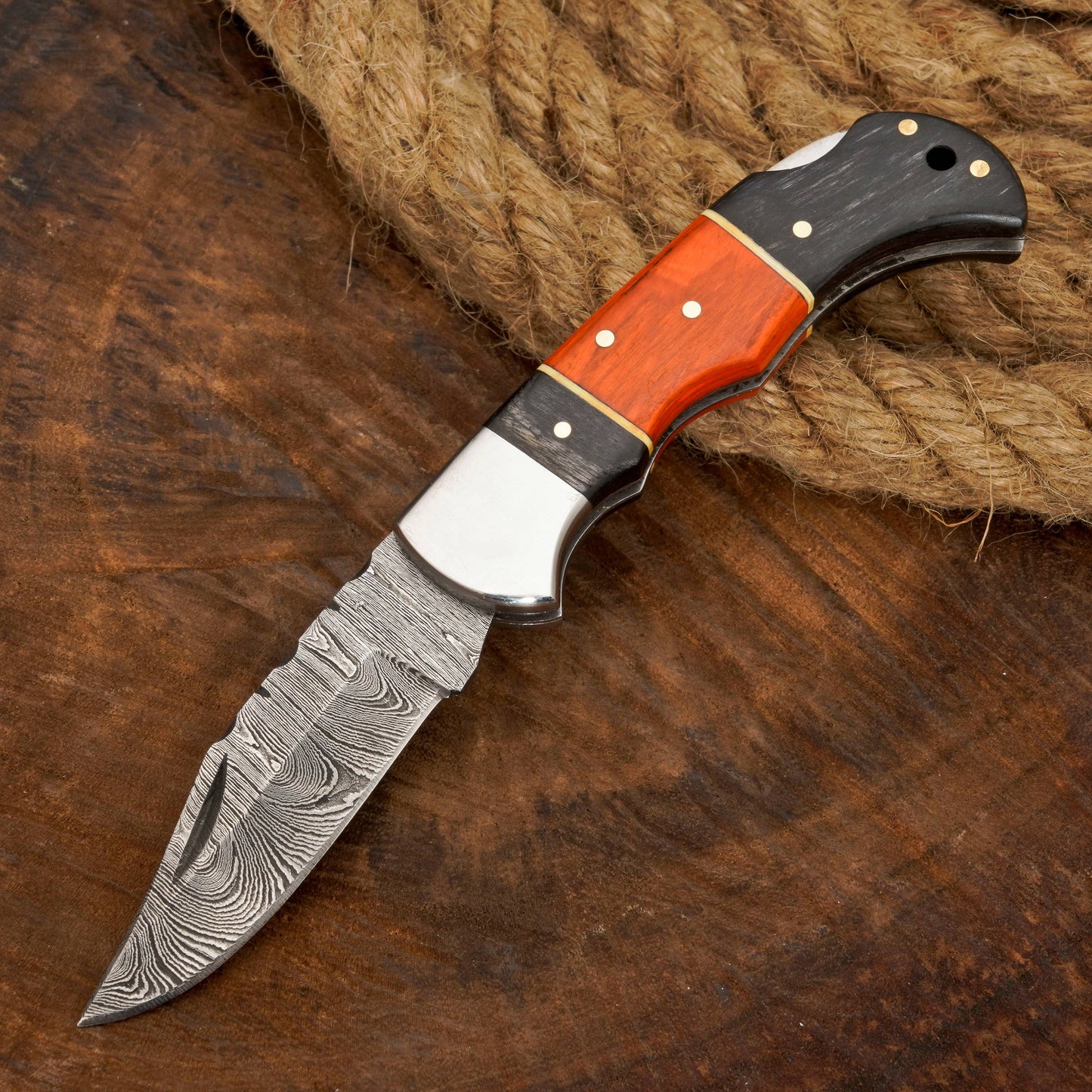 Handmade Damascus Pocket Knife with Clip - Camping Folding Blade W/ Pakka Wood Handle