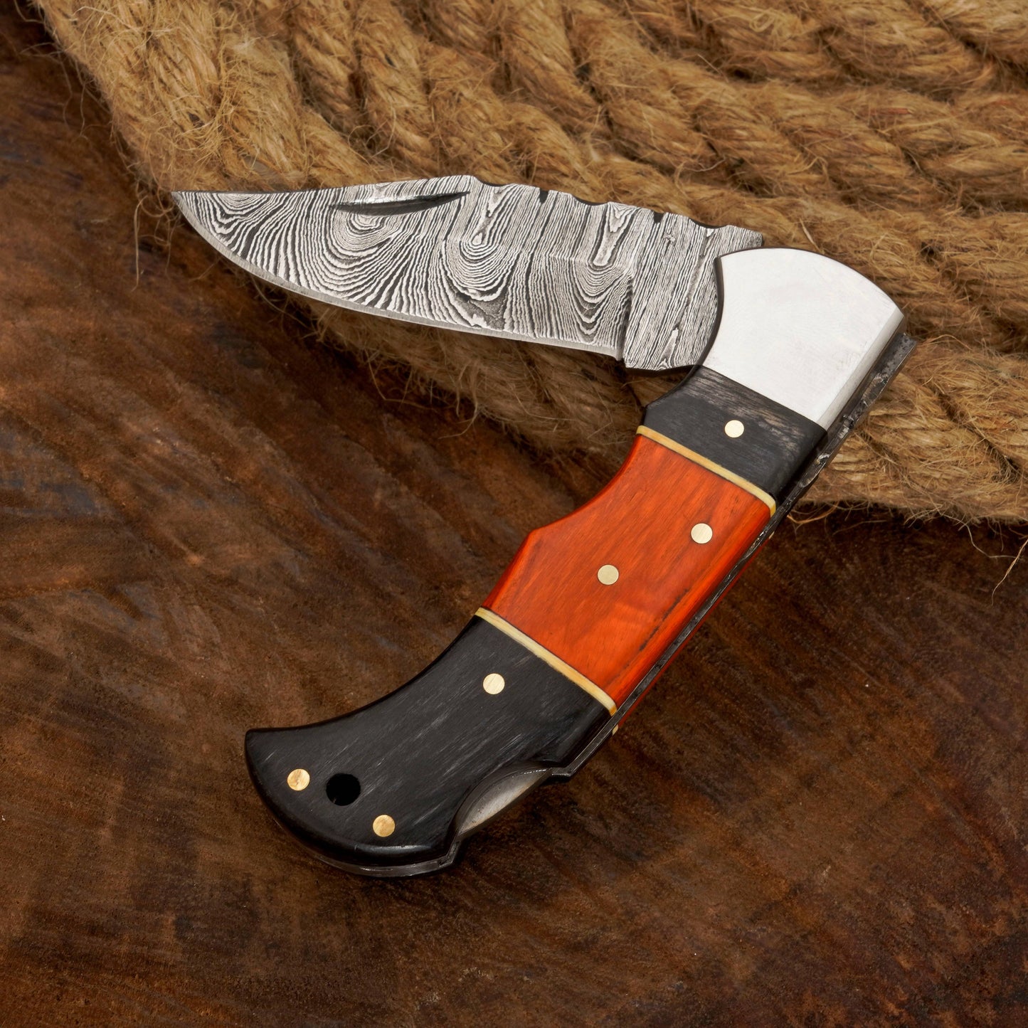 Handmade Damascus Pocket Knife with Clip - Camping Folding Blade W/ Pakka Wood Handle