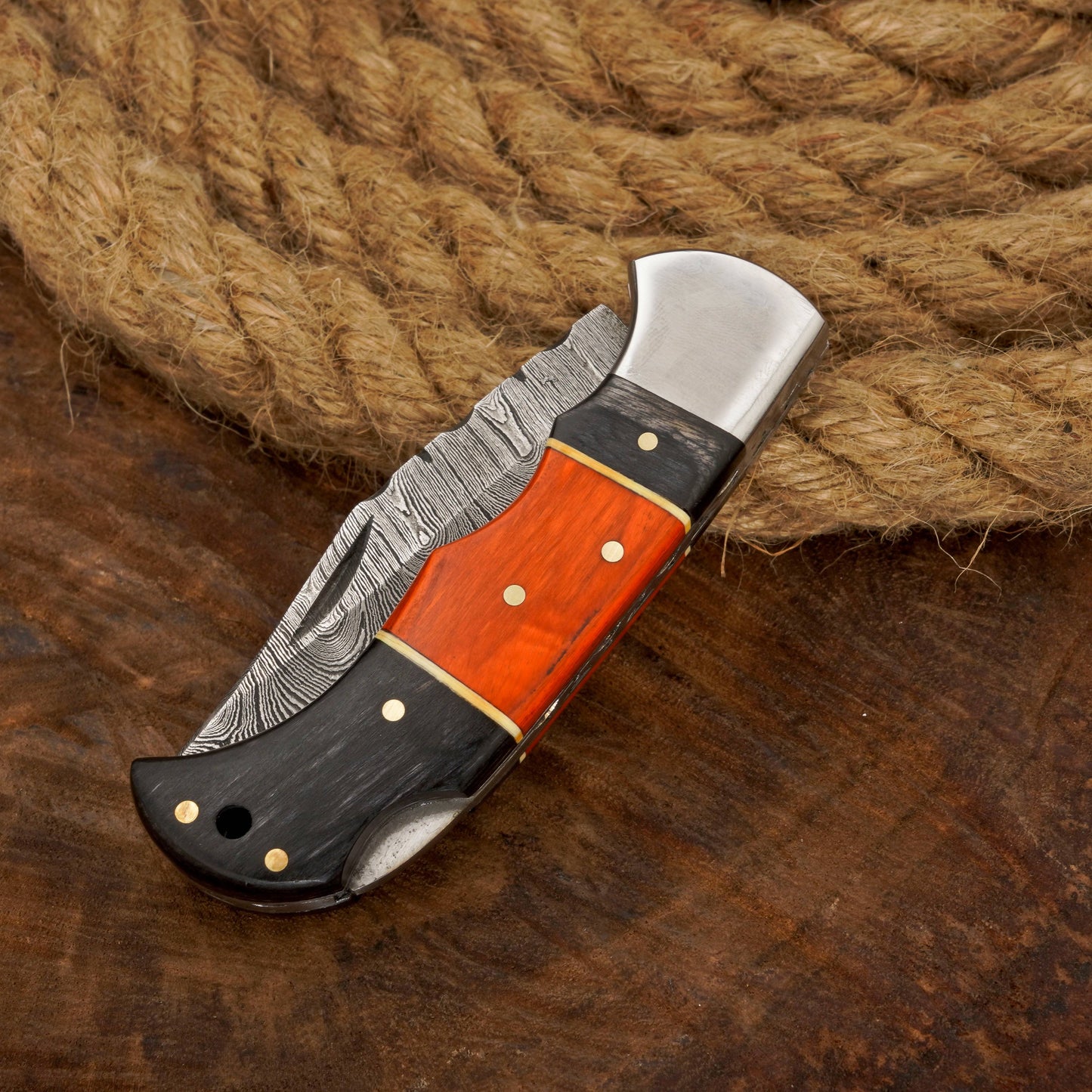 Handmade Damascus Pocket Knife with Clip - Camping Folding Blade W/ Pakka Wood Handle