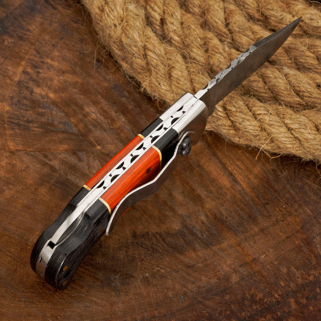 Handmade Damascus Pocket Knife with Clip - Camping Folding Blade W/ Pakka Wood Handle