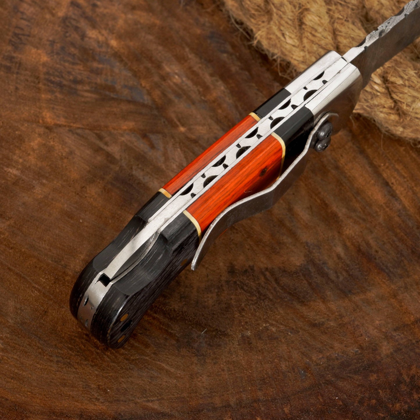 Handmade Damascus Pocket Knife with Clip - Camping Folding Blade W/ Pakka Wood Handle