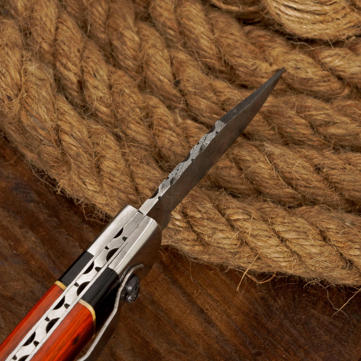 Handmade Damascus Pocket Knife with Clip - Camping Folding Blade W/ Pakka Wood Handle