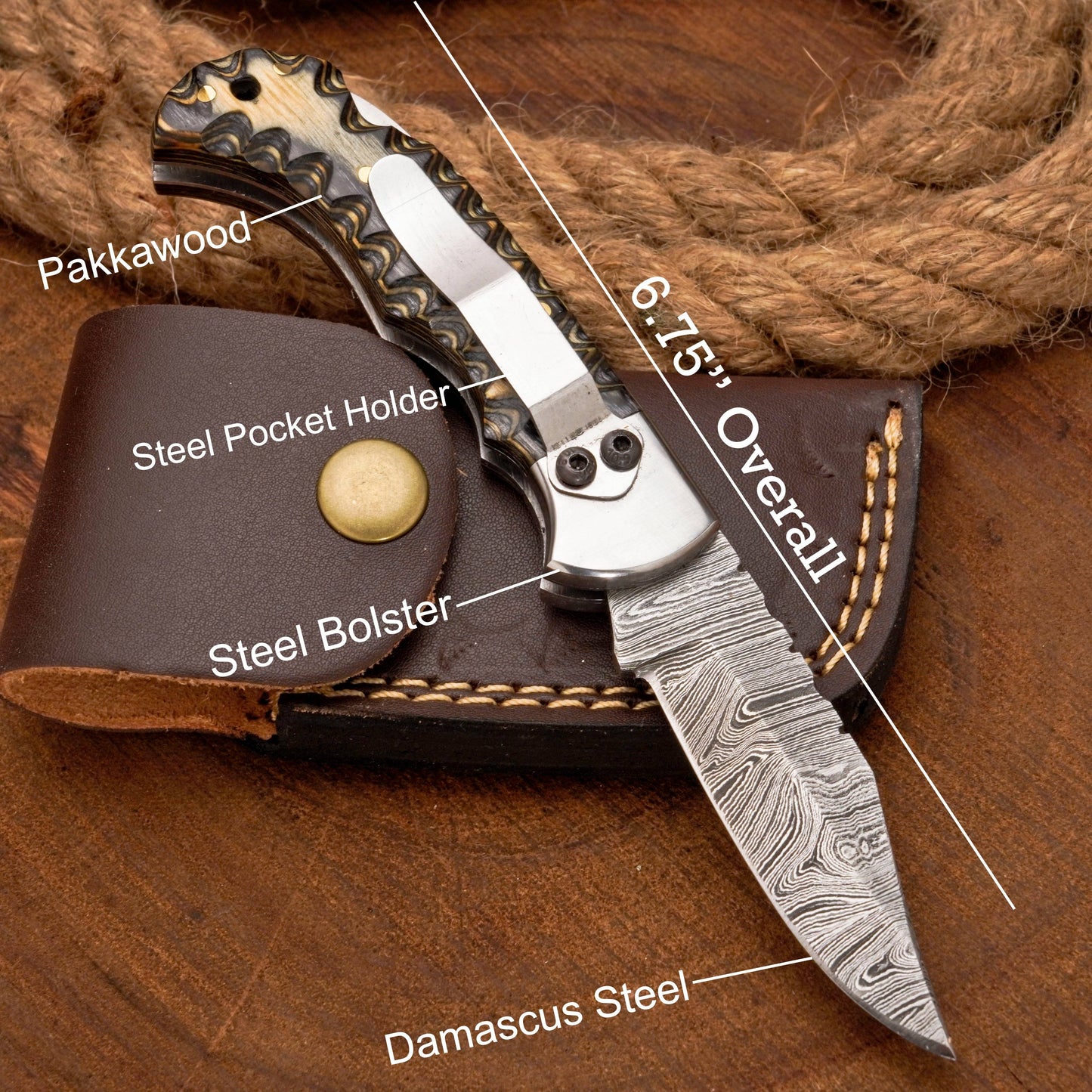 7" Handmade Damascus Hunting Pocket Knife with Clip—Folding Camping Blade