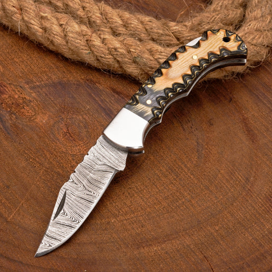 Handmade Damascus Pocket Knife-Camping Folding Blade With Pakka Wood Handle