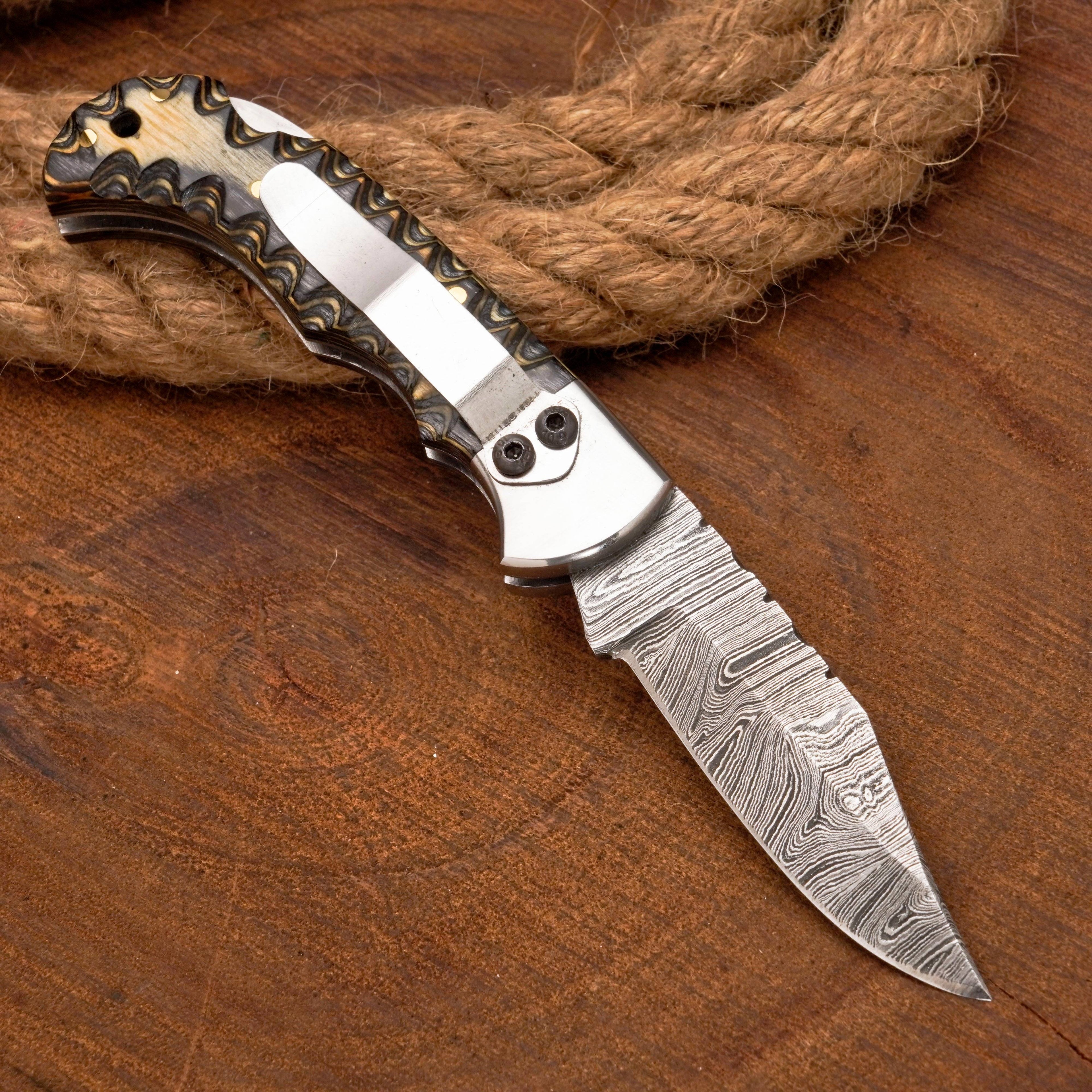 7" Handmade Damascus Hunting Pocket Knife with Clip—Folding Camping Blade