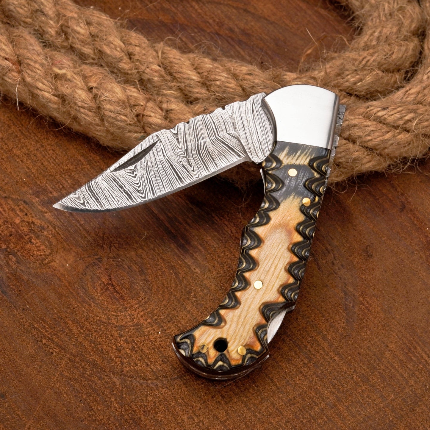 7" Handmade Damascus Hunting Pocket Knife with Clip—Folding Camping Blade