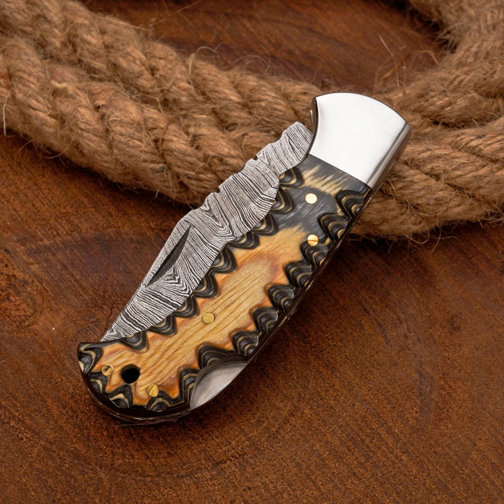 7" Handmade Damascus Hunting Pocket Knife with Clip—Folding Camping Blade