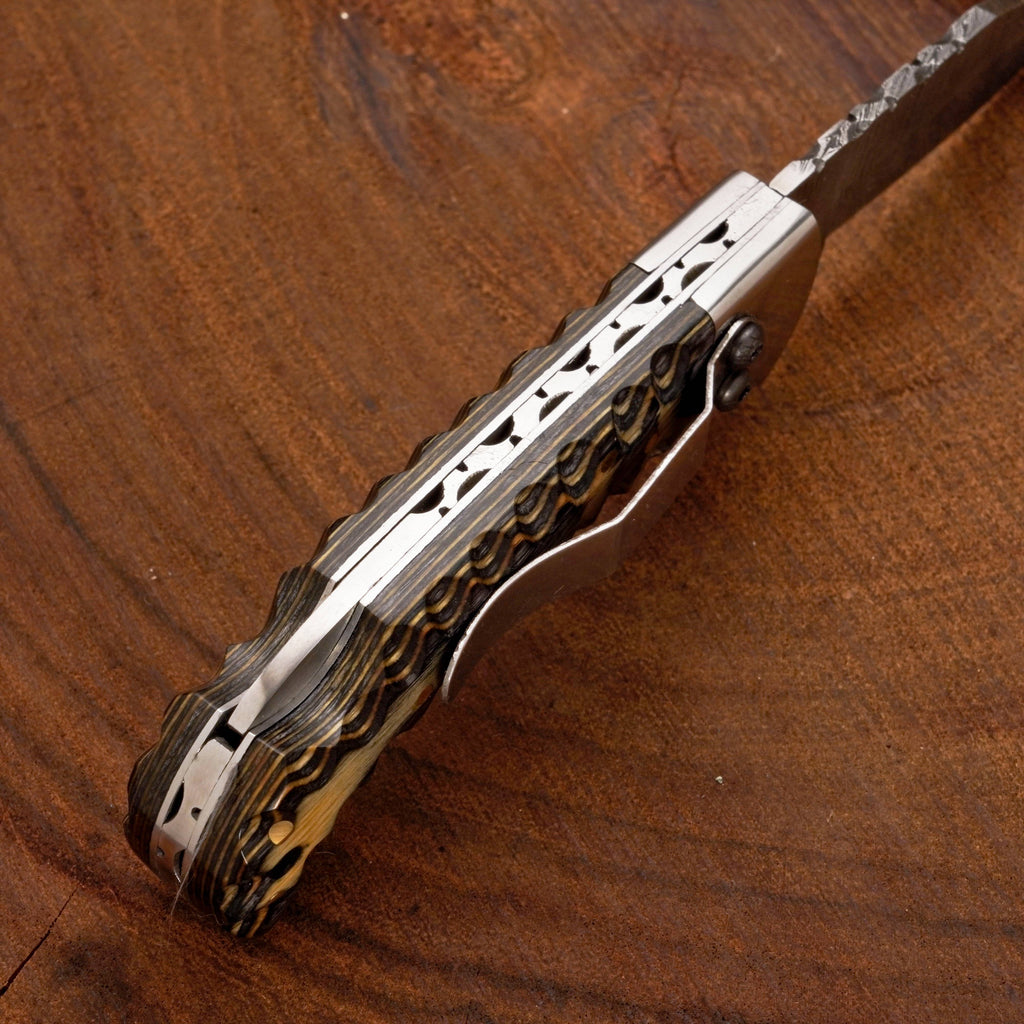 7" Handmade Damascus Hunting Pocket Knife with Clip—Folding Camping Blade