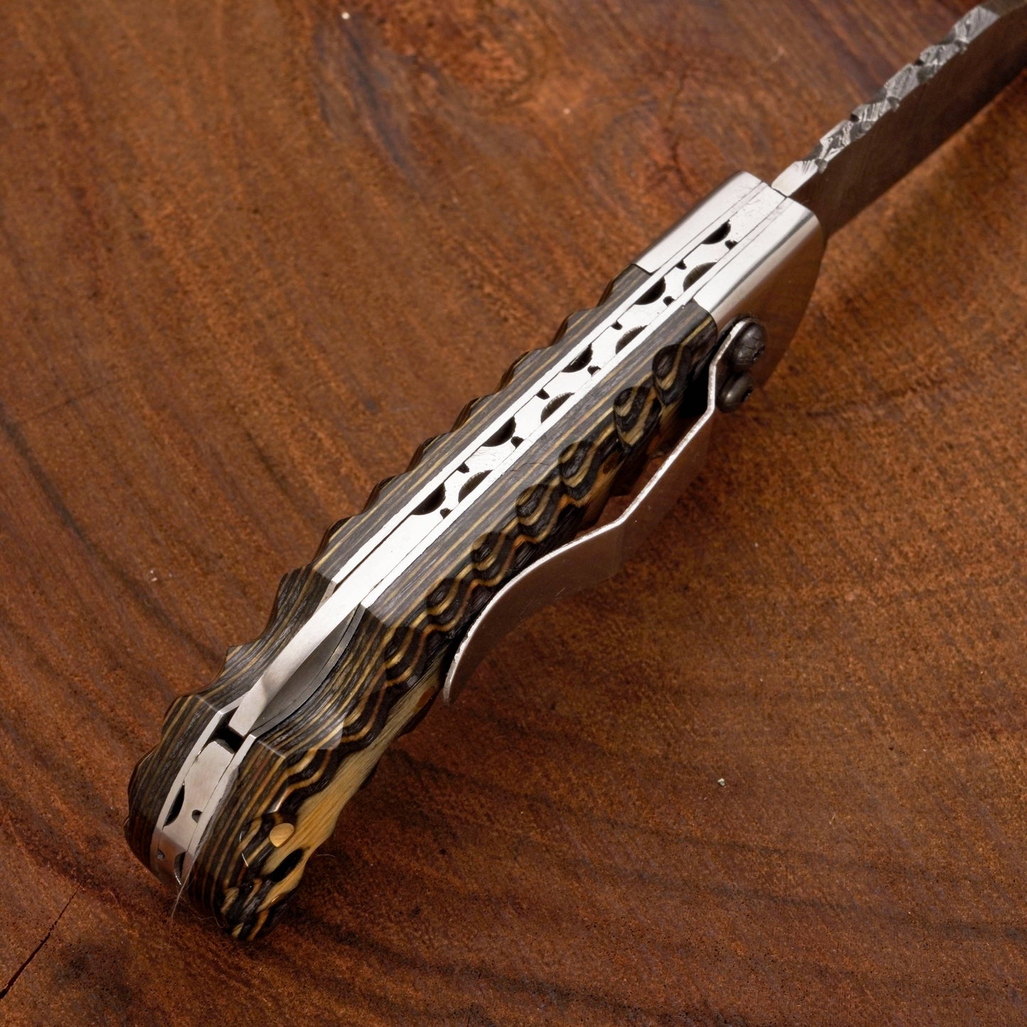 7" Handmade Damascus Hunting Pocket Knife with Clip—Folding Camping Blade