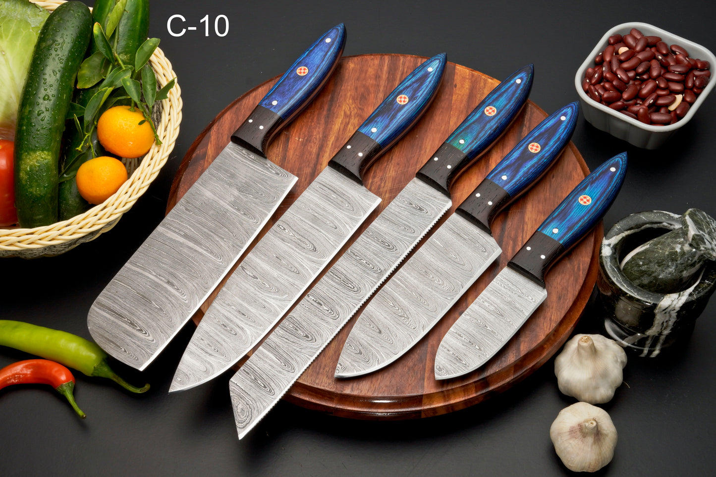 Custom Handmade Forged Damascus Steel Chef Set-Kitchen Knives Set W/ Leather Roll