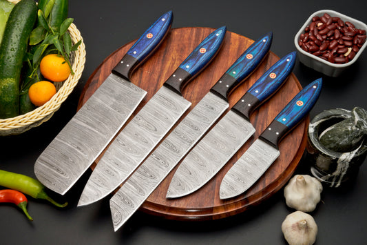 Custom Handmade Forged Damascus Steel Chef Set-Kitchen Knives Set W/ Leather Roll