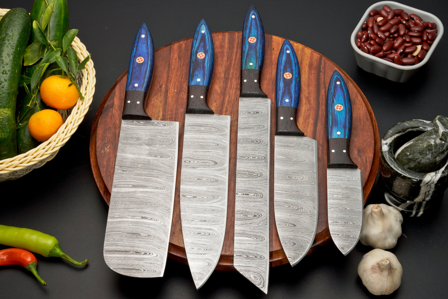 Custom Handmade Forged Damascus Steel Chef Set-Kitchen Knives Set W/ Leather Roll