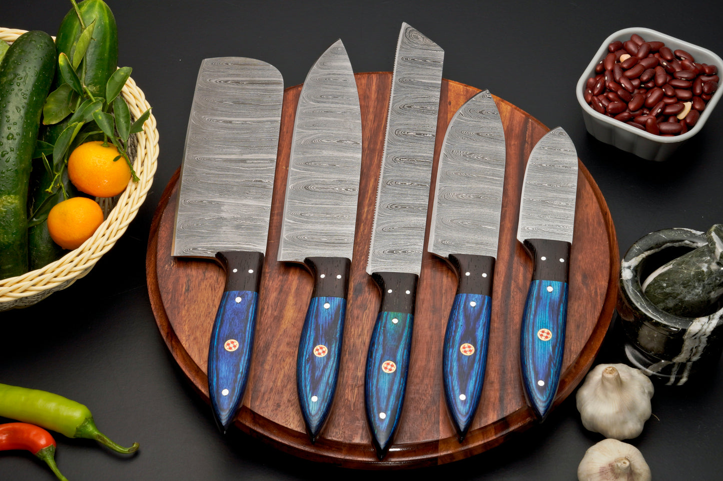 Custom Handmade Forged Damascus Steel Chef Set-Kitchen Knives Set W/ Leather Roll