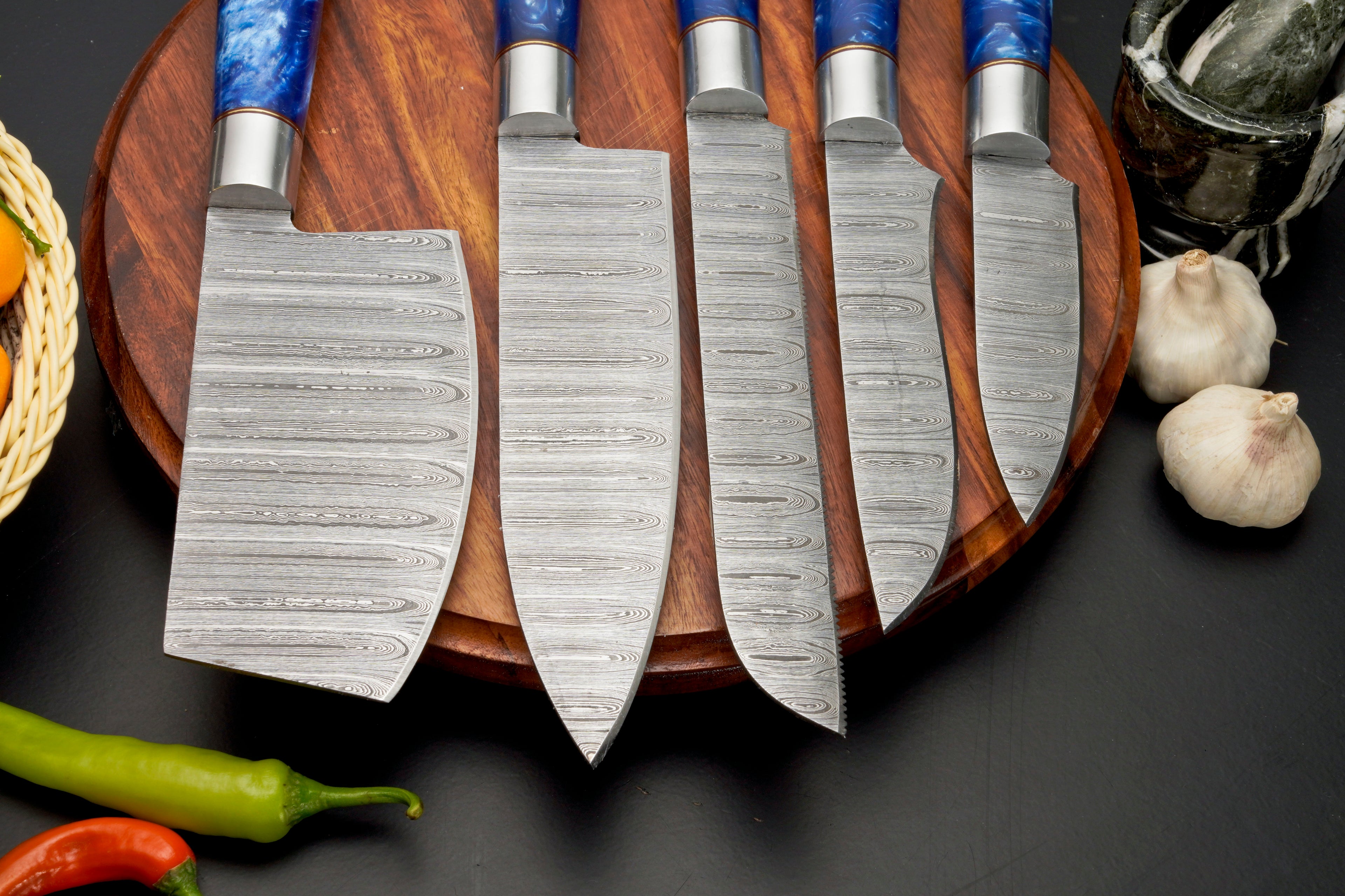 Handmade Damascus Steel Chef Knife Set, 5 Pieces Kitchen Knife Set with Leather Cover