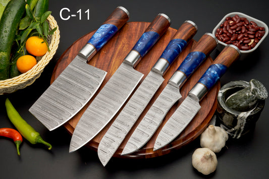 Handmade Damascus Steel Chef Knife Set, 5 Pieces Kitchen Knife Set with Leather Cover