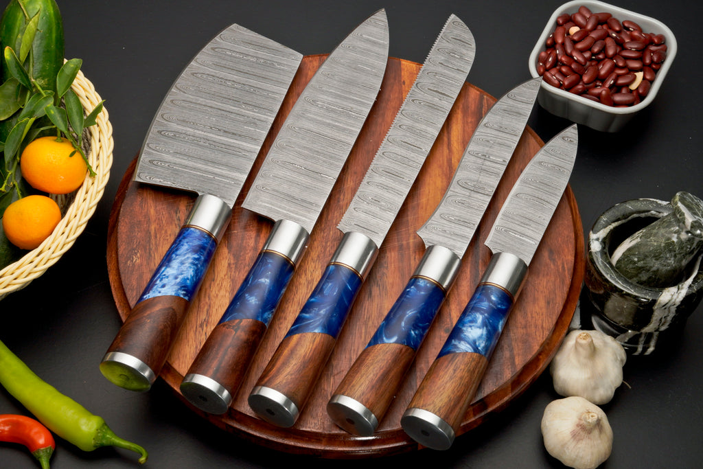 Handmade Damascus Steel Chef Knife Set, 5 Pieces Kitchen Knife Set with Leather Cover