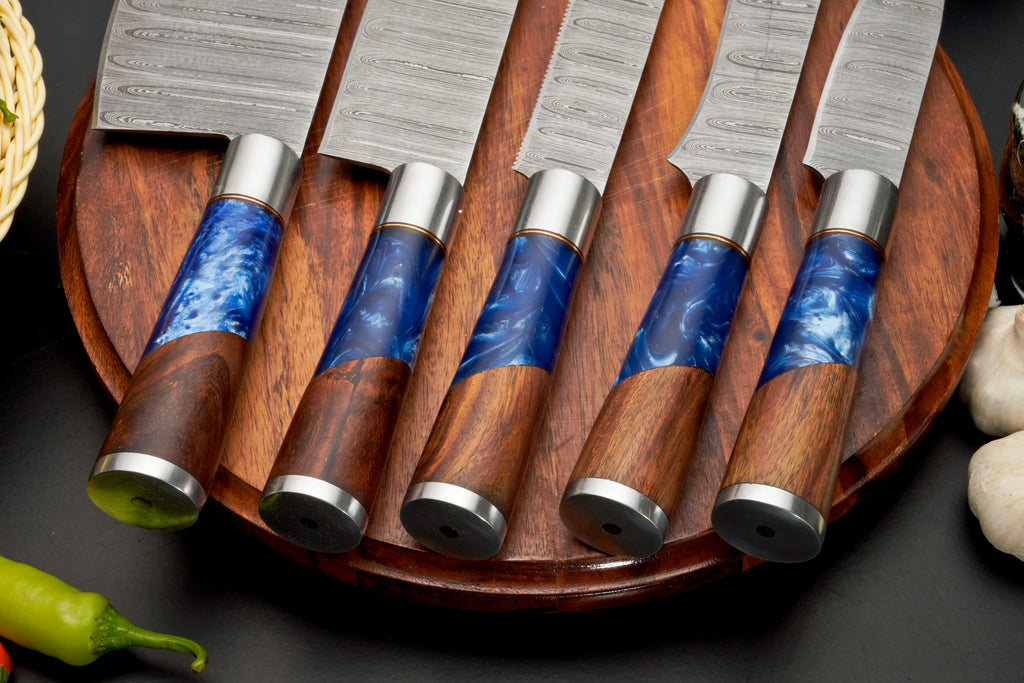 Handmade Damascus Steel Chef Knife Set, 5 Pieces Kitchen Knife Set with Leather Cover