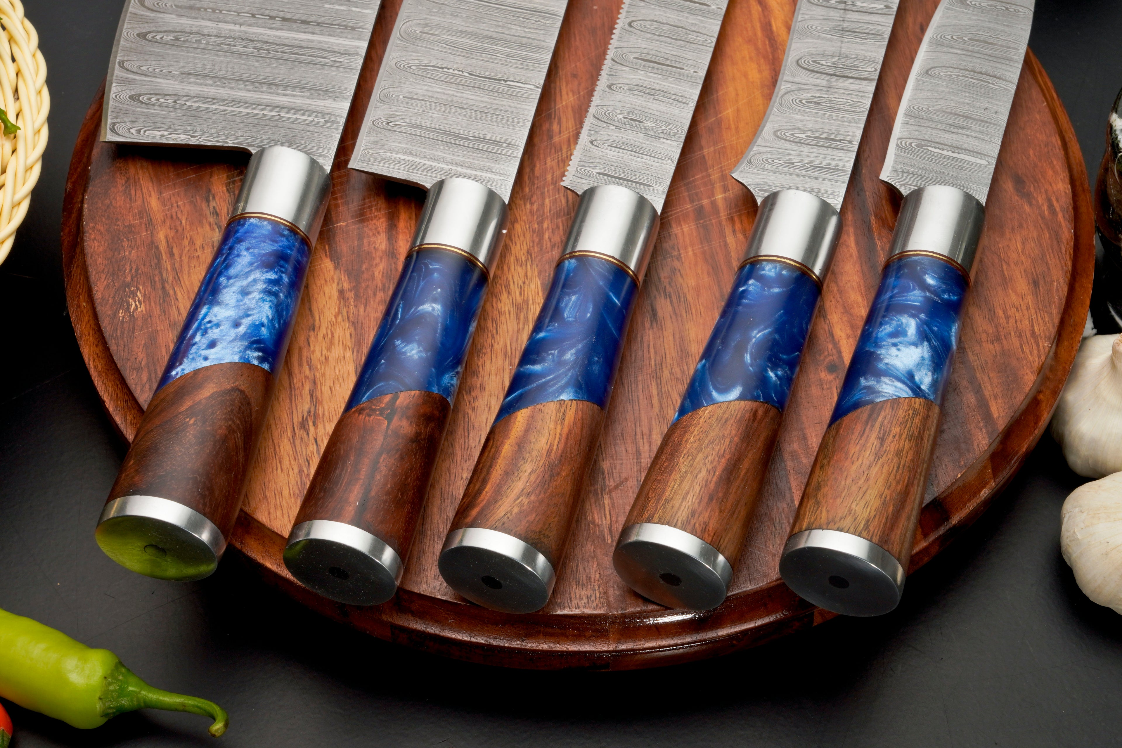 Handmade Damascus Steel Chef Knife Set, 5 Pieces Kitchen Knife Set with Leather Cover