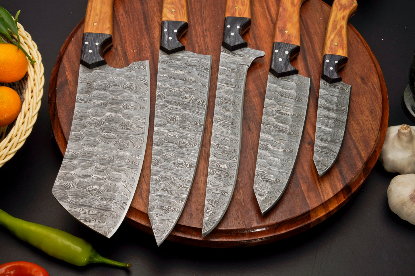 Handmade Forged Damascus Steel Chef Set-Artisanal Elegance 5-Piece Kitchen Knives Set