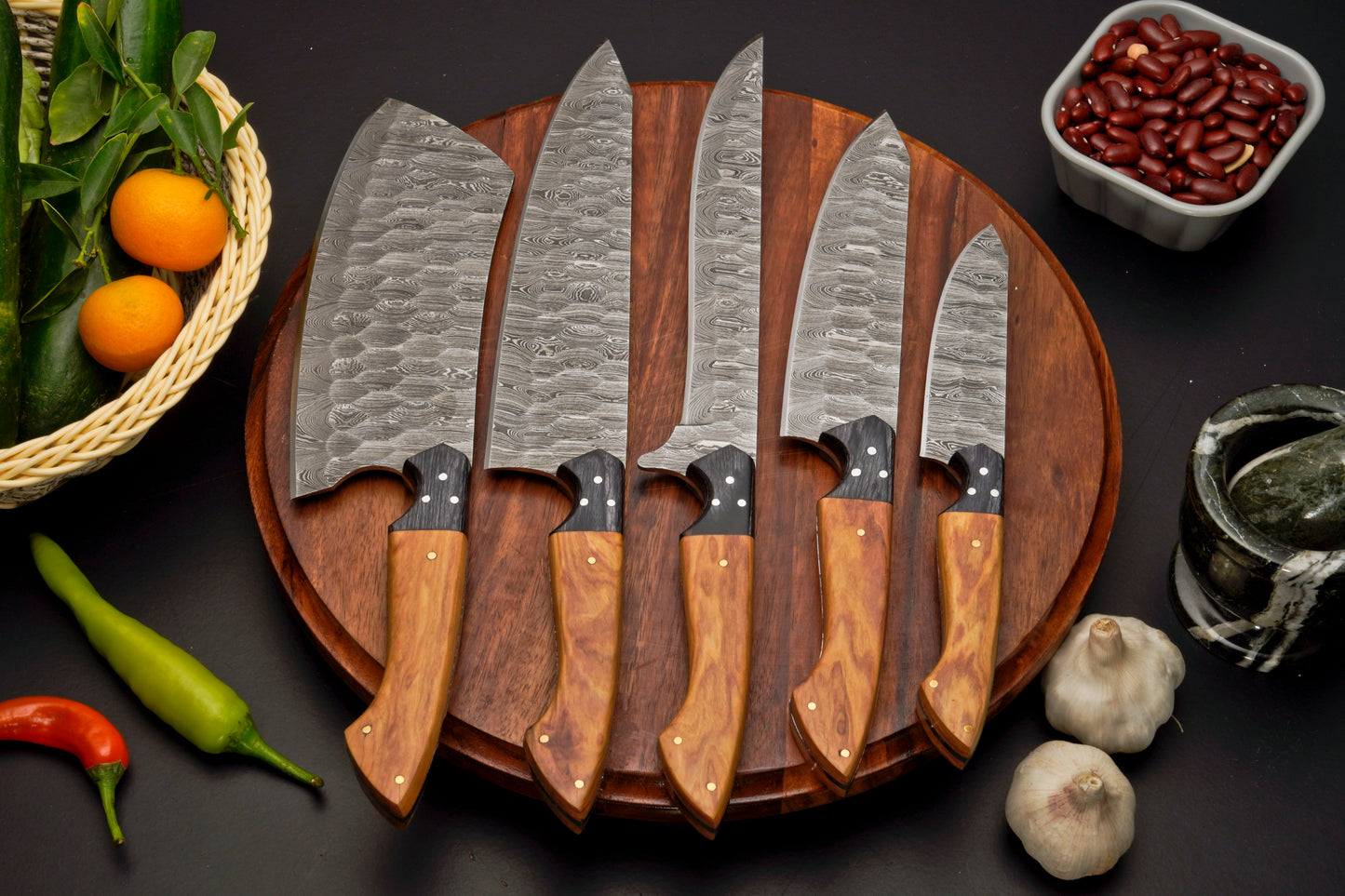Handmade Forged Damascus Steel Chef Set-Artisanal Elegance 5-Piece Kitchen Knives Set