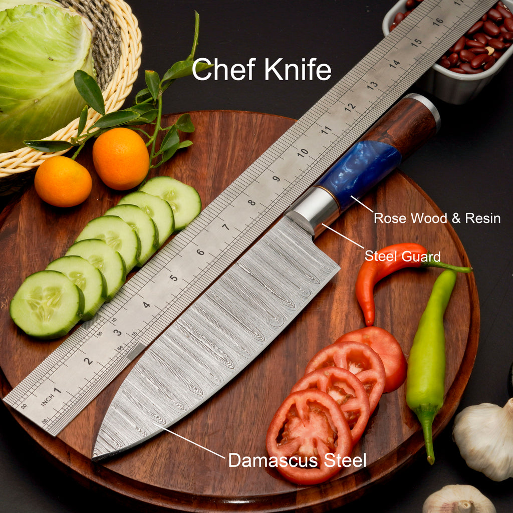 Handmade Damascus Steel Chef Knife Set, 5 Pieces Kitchen Knife Set with Leather Cover